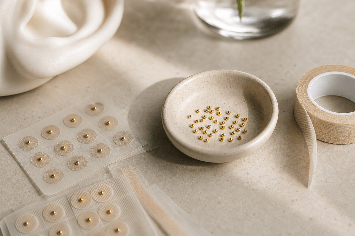A small dish of tiny gold-coloured beads and adhesive tape on a clean surface