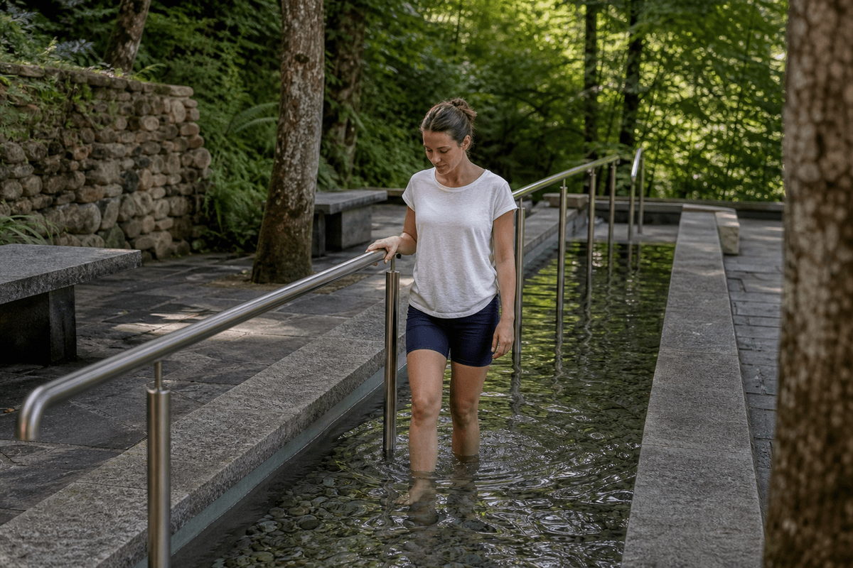 A shallow stone water-treading basin with a handrail, surrounded by trees