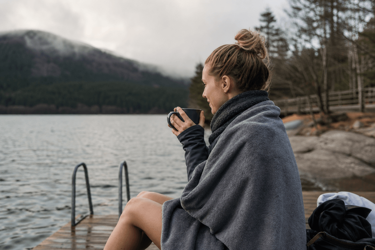 A person wrapped in a towel and warm layers holding a hot drink after a cold plunge outdoors