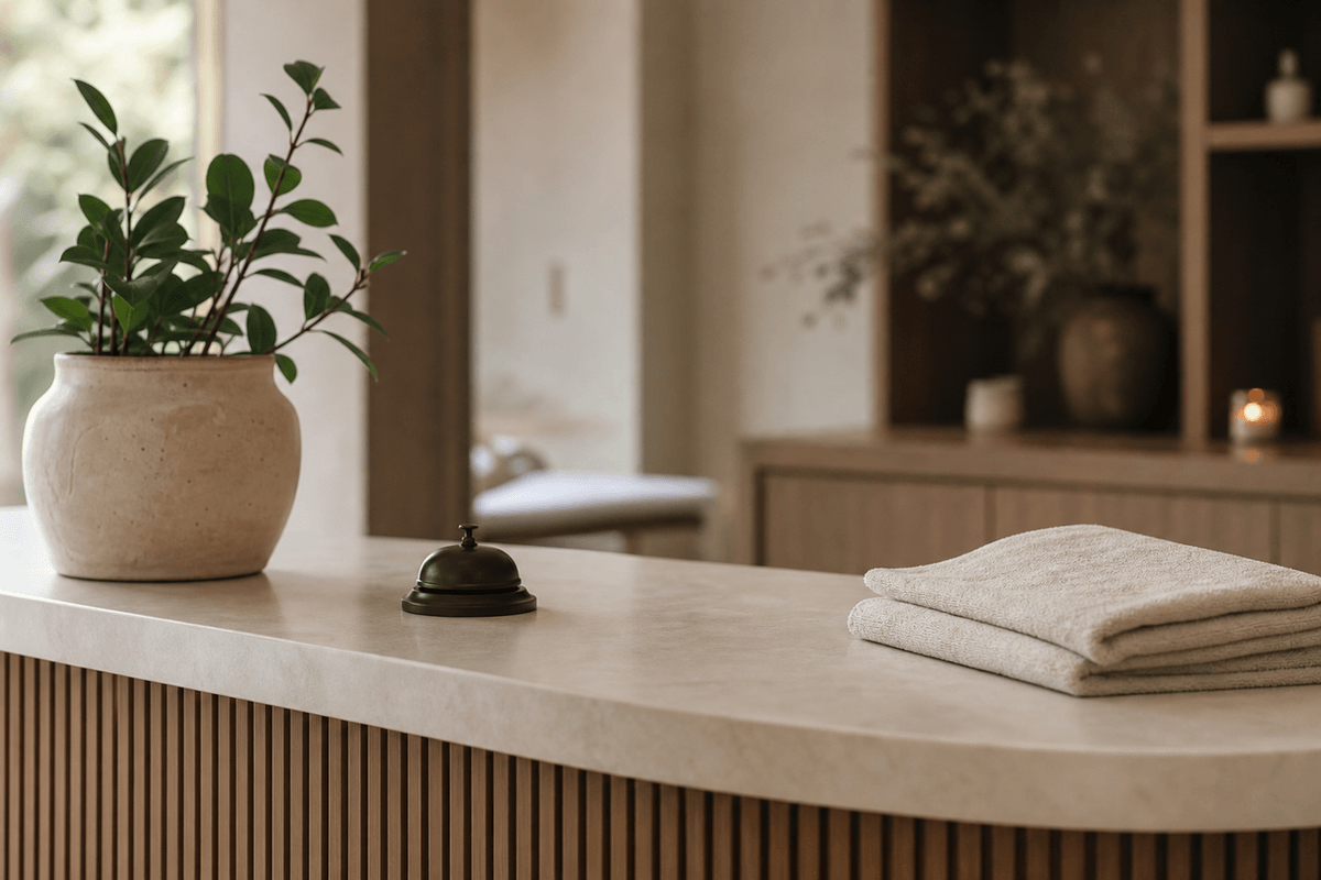 An empty reception desk with a bell, a plant and a folded towel in soft light