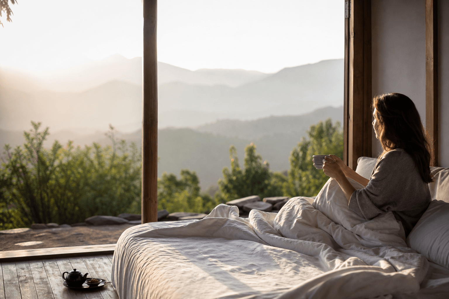 A calm retreat setting suggesting the arc of a few days, soft morning light over a peaceful space