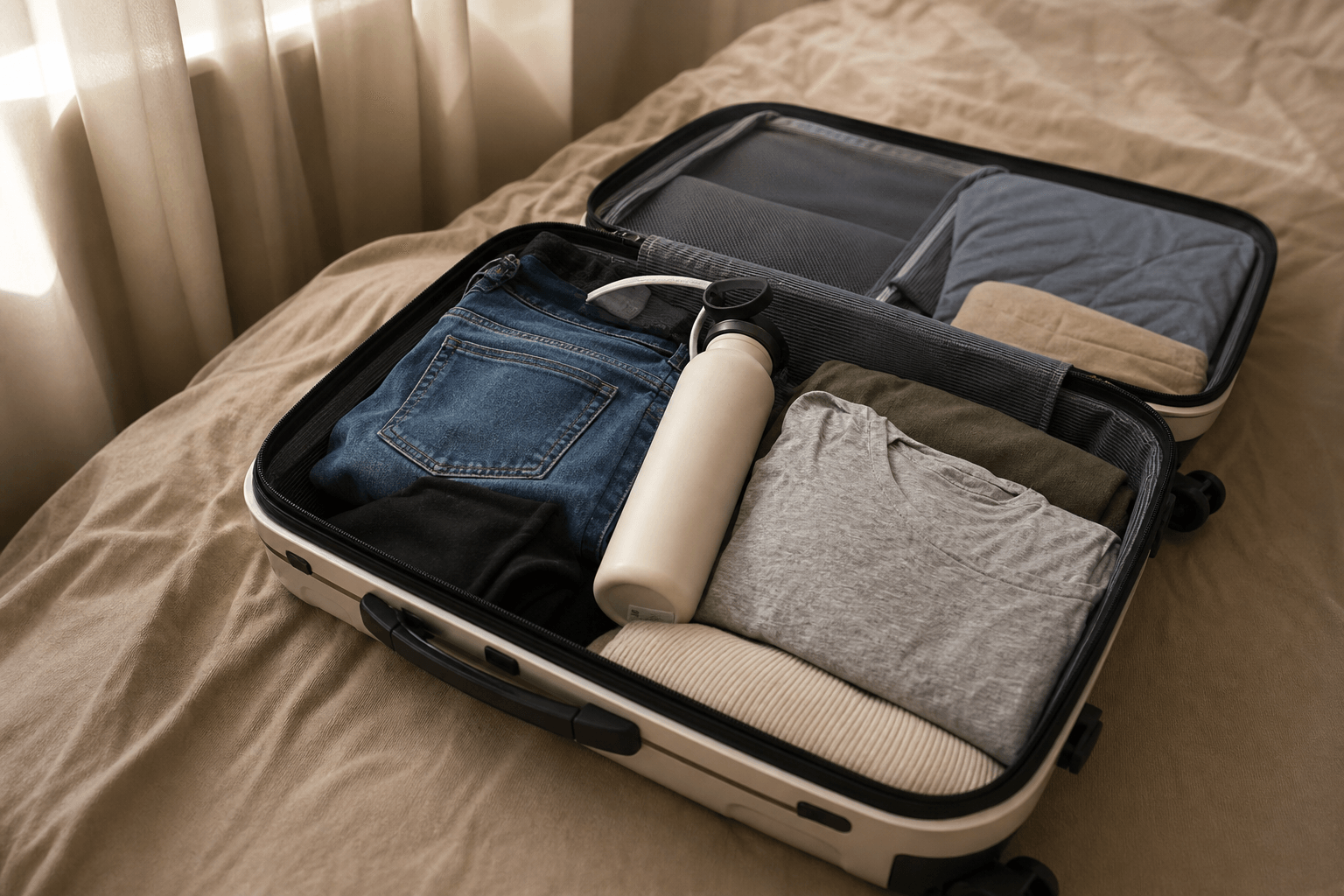 A neatly packed small open suitcase with simple comfortable clothes and a water bottle in soft daylight