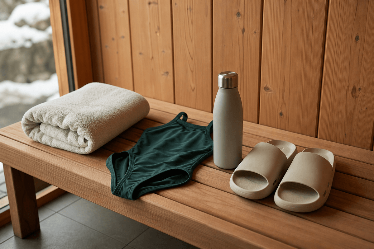 A folded towel, swimsuit, water bottle and slides laid out on a cedar bench before a sauna session