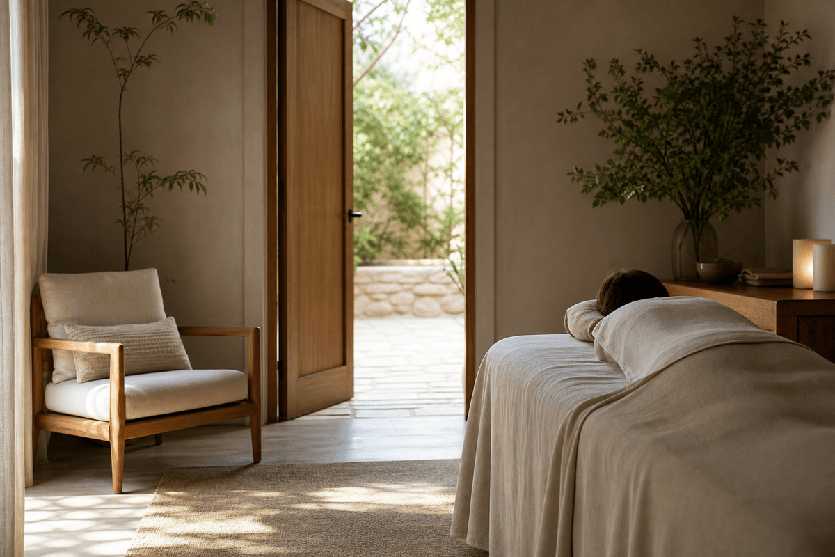 A calm treatment room with an open door, a chair and soft natural light