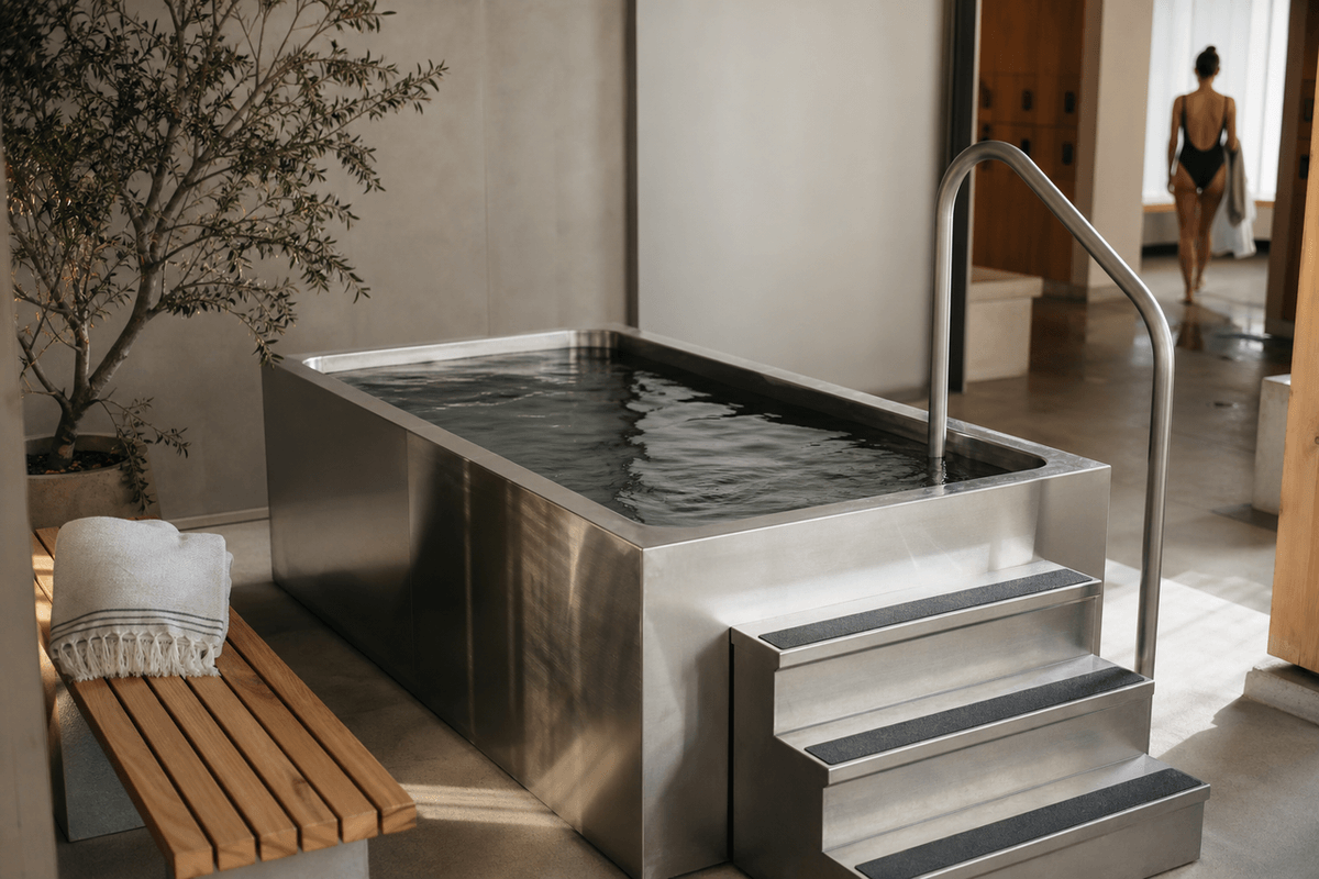 A stainless steel cold plunge tub with steps and a handrail beside a wooden bench