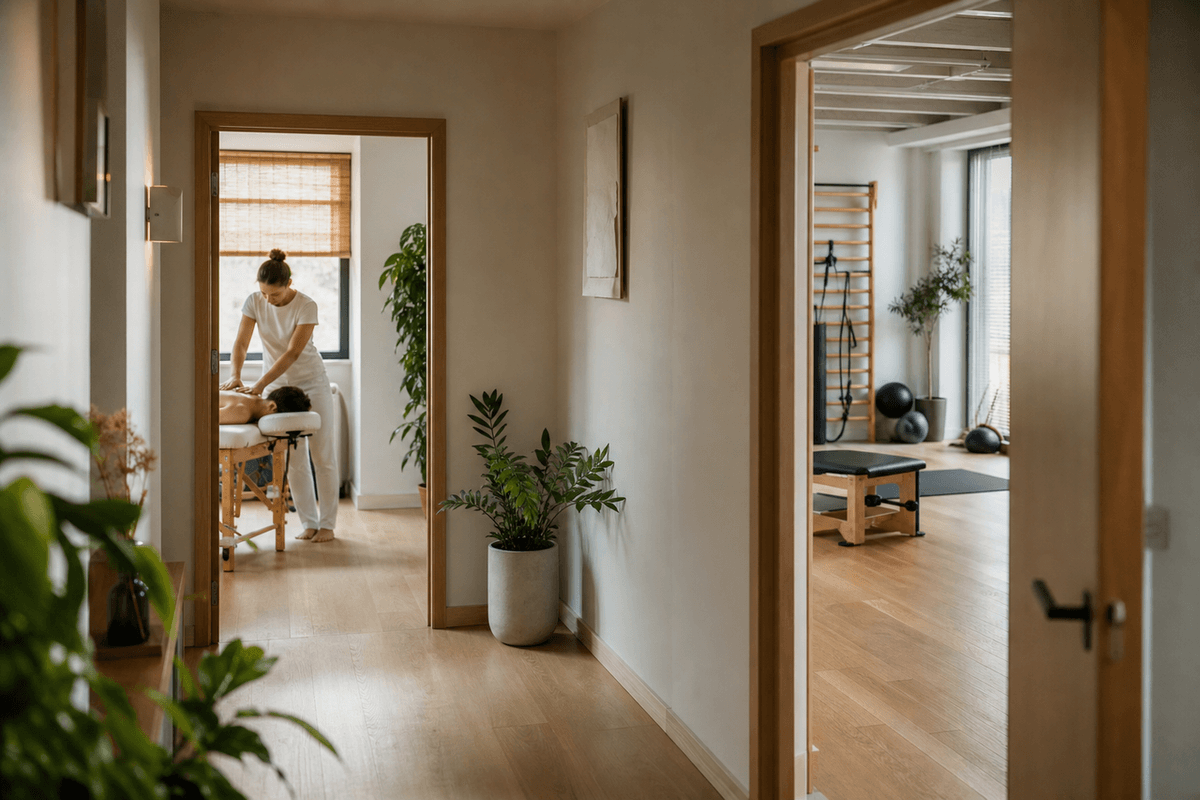 A clinic corridor with open doors to a treatment room and an exercise space