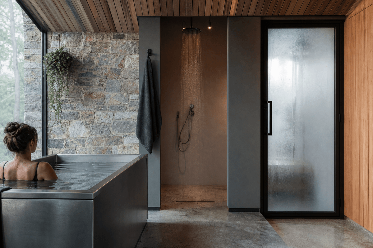 A stainless cold plunge tub, a shower head and a frosted door side by side