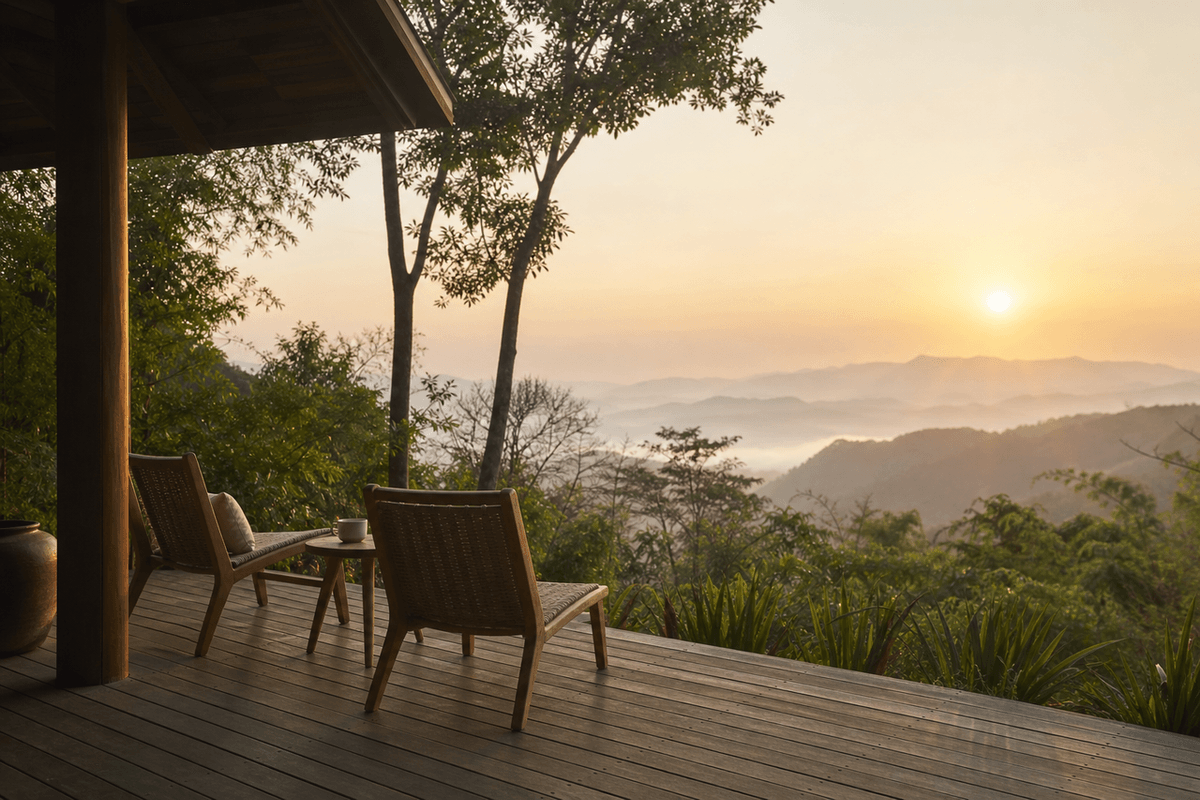 A quiet lodge terrace with empty chairs looking out over trees at dawn