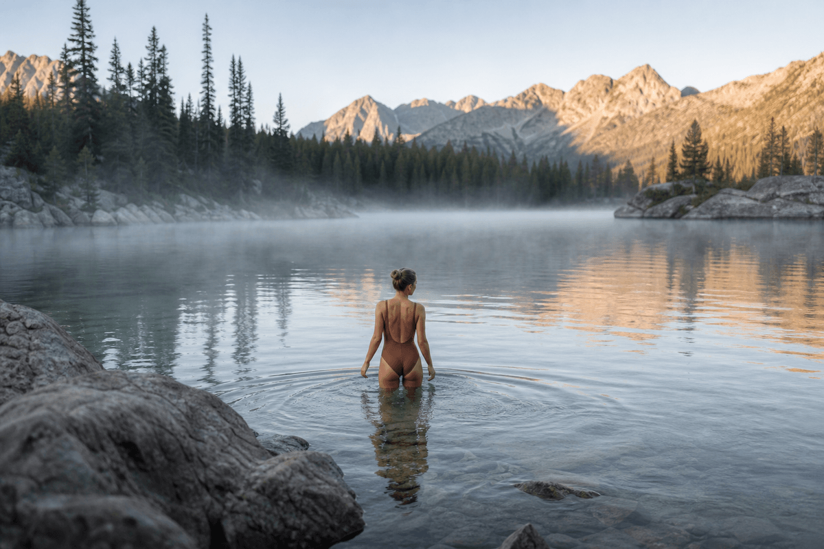 A person wading into a clear mountain lake surrounded by pine trees and rocky shores at dawn, mist rising off the water, soft cool light, peaceful and expansive mood