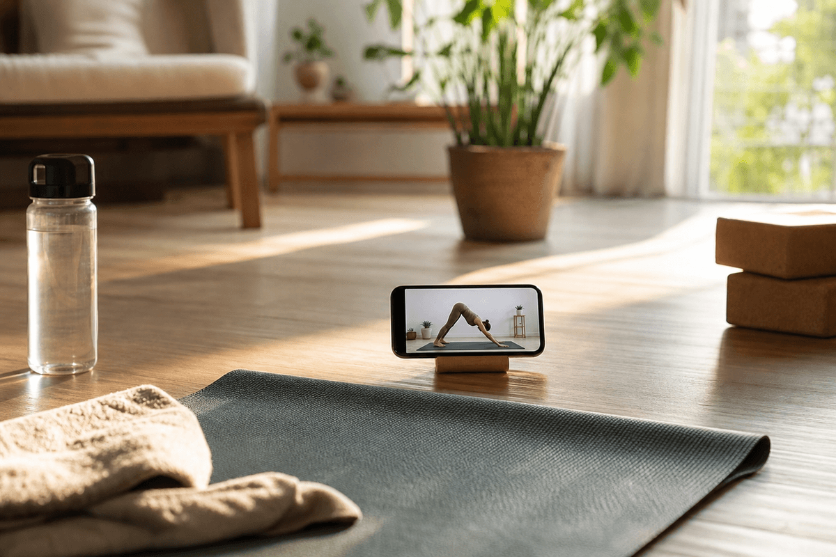 A yoga mat beside a phone propped on a stand in a sunlit living room