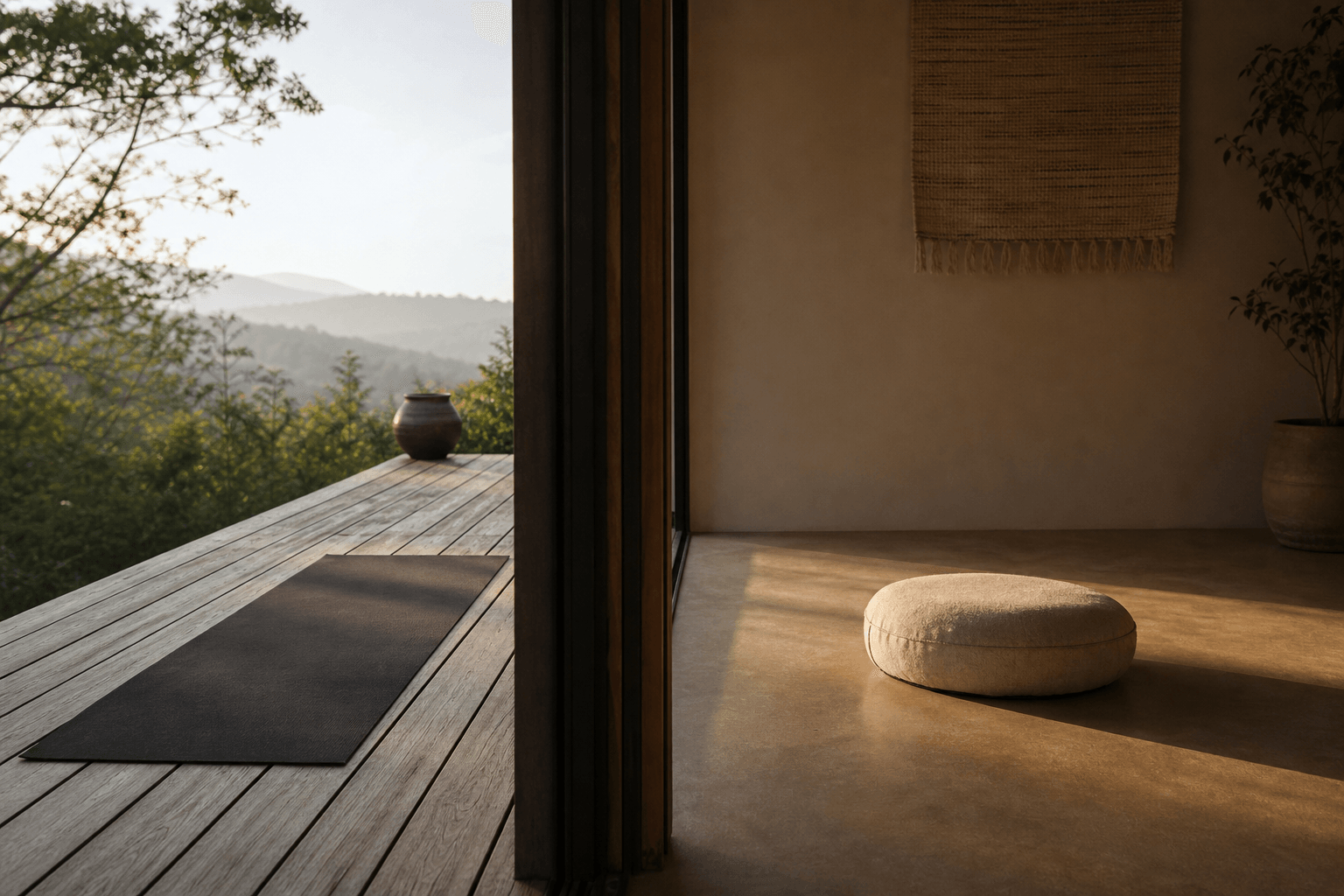 Split calm scene: a yoga mat on a wooden deck on one side and a quiet meditation cushion in a still room on the other, soft morning light