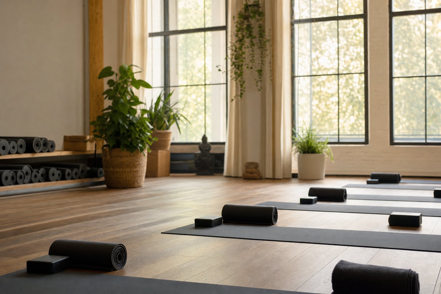 A calm yoga studio with mats and natural light