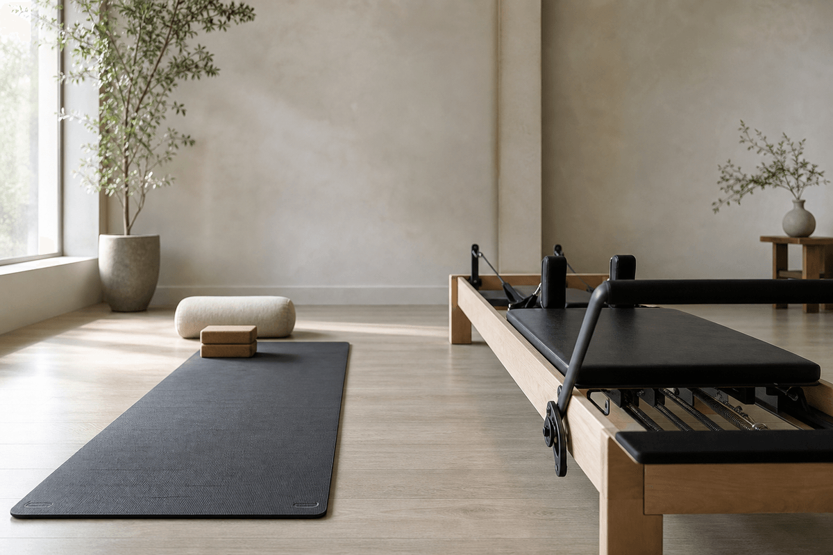 A calm studio with a yoga mat on one side and a Pilates reformer on the other in soft light