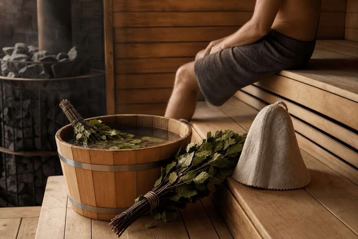 A wooden steam room with tiered benches, birch branches soaking in a bucket and a felt hat