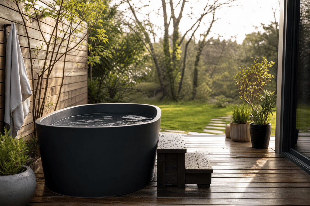A simple cold plunge tub on a wooden deck in a backyard, calm morning light