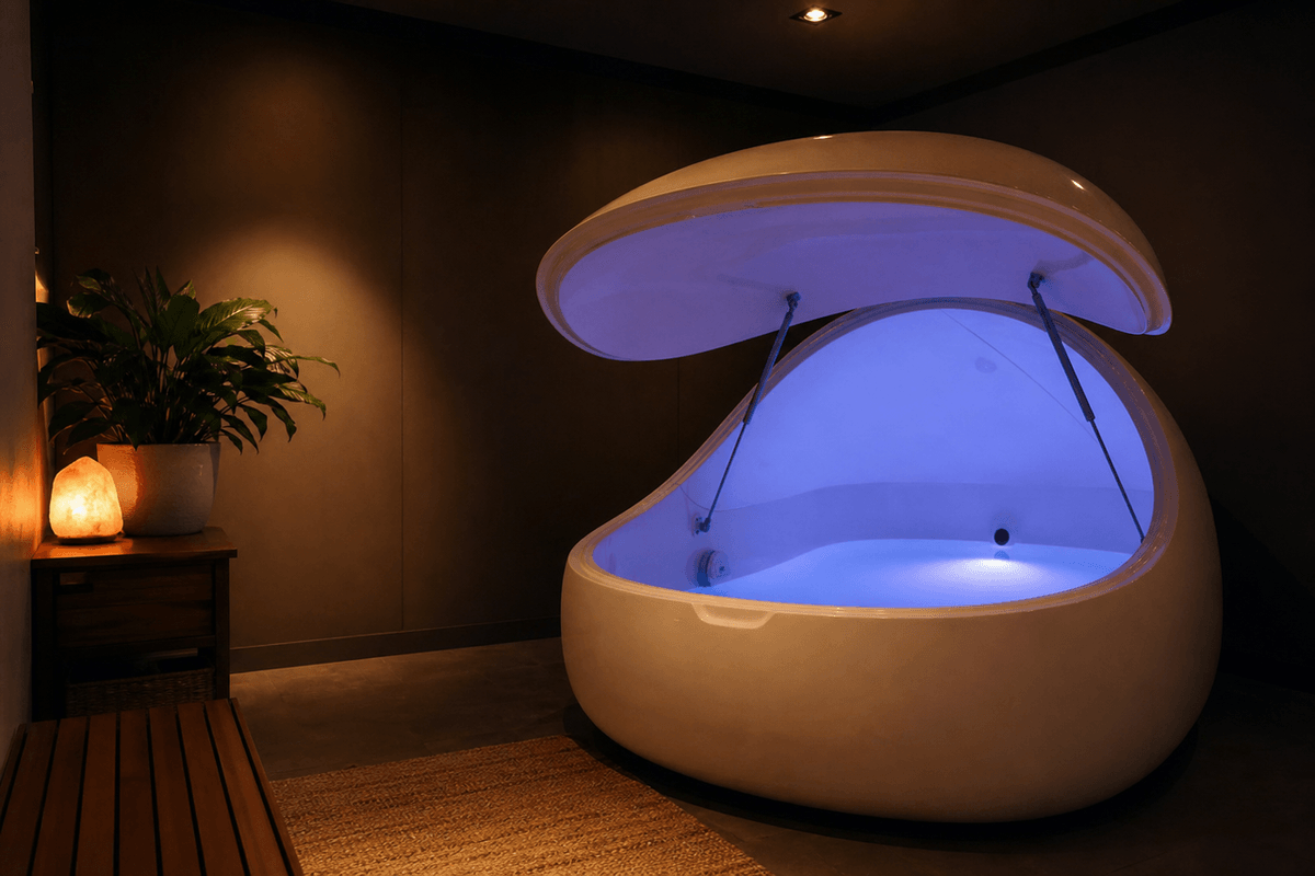 A calm dimly lit float tank room with still water and a soft glow