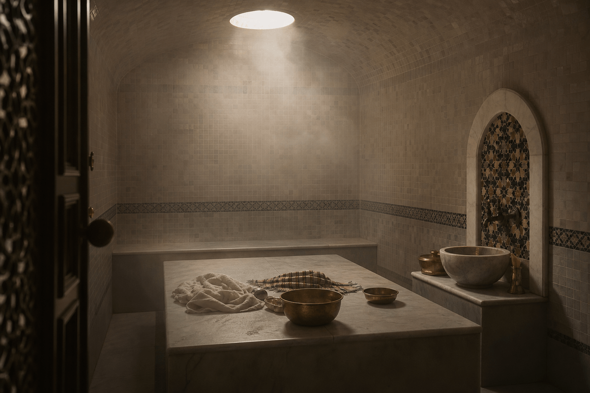 A tiled steam room with a marble slab, brass bowls and soft light from above