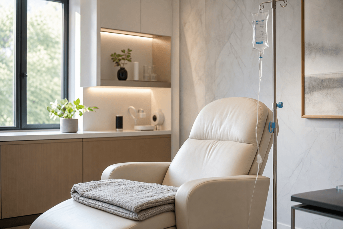 A reclining chair beside an IV stand and a folded blanket in a clean, calm clinic room