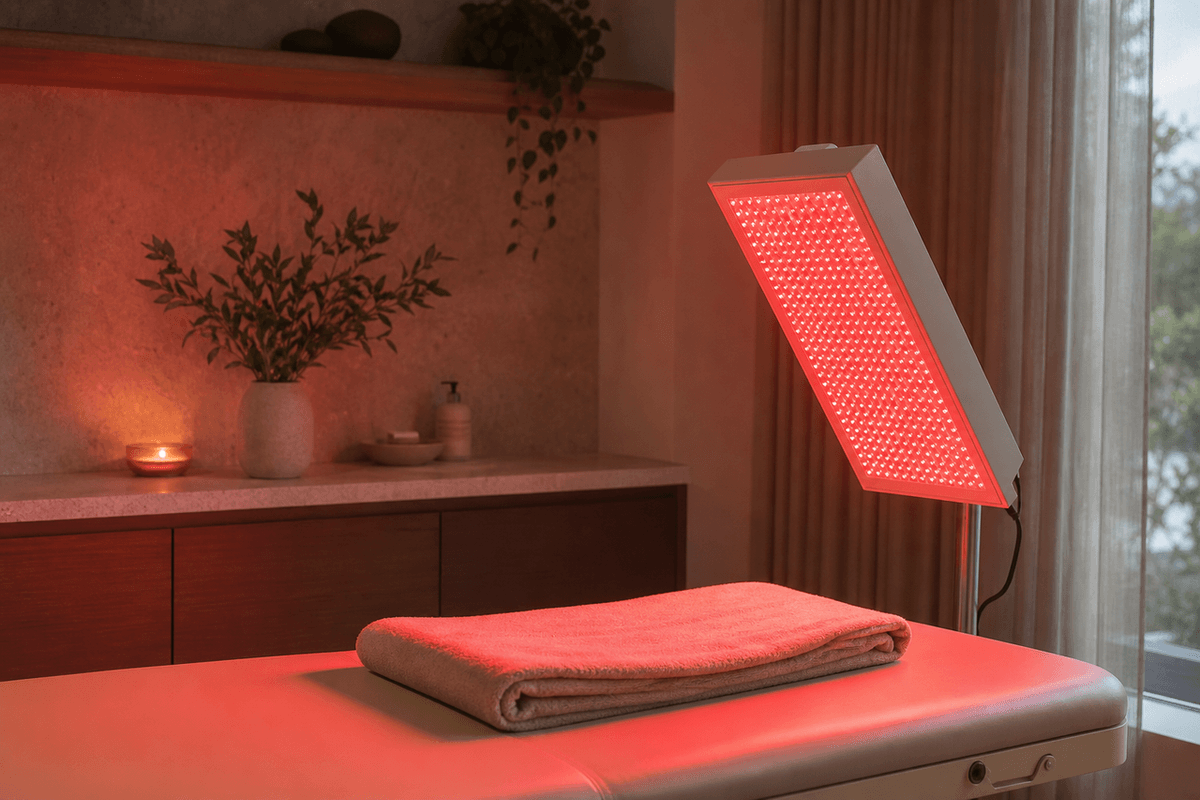 A softly glowing red light therapy panel in a calm treatment room with a folded towel on a bench