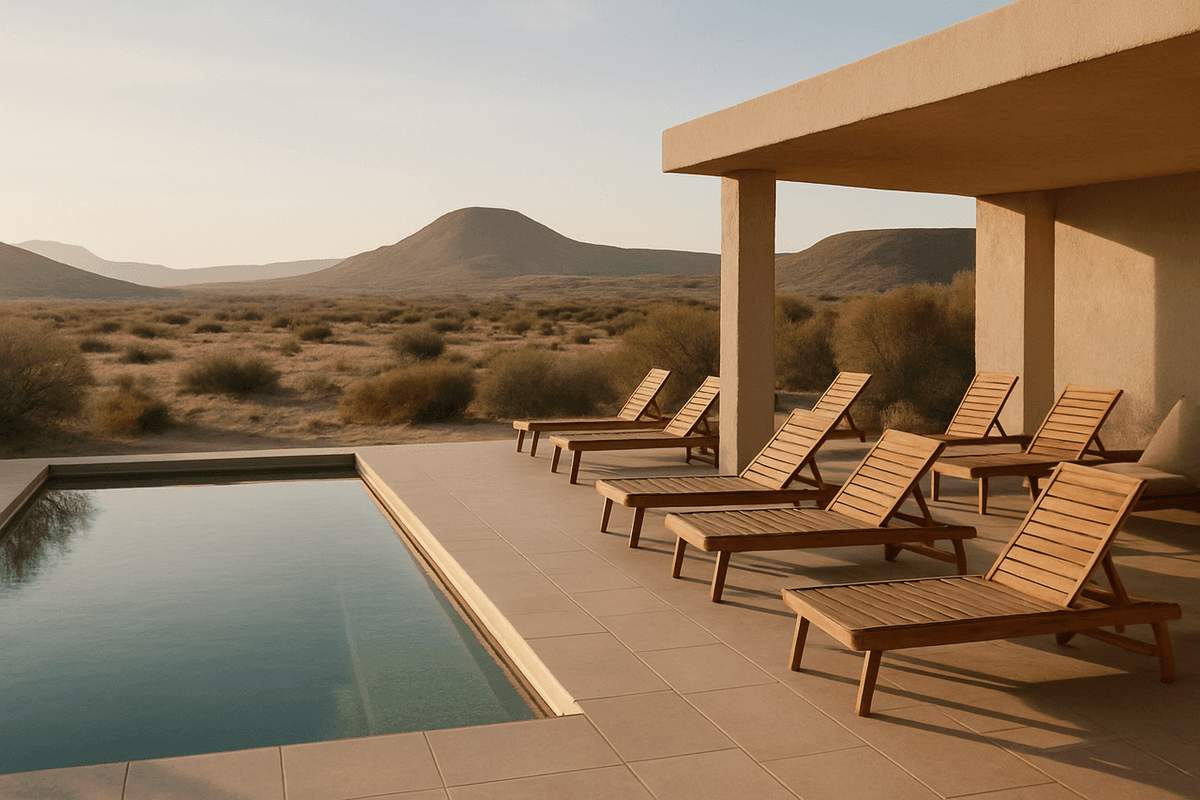 A quiet mid-sized wellness resort terrace with loungers, desert planting and a lap pool in morning light