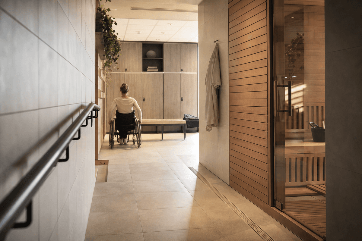 A wide tiled corridor with a handrail leading to a changing area in soft light
