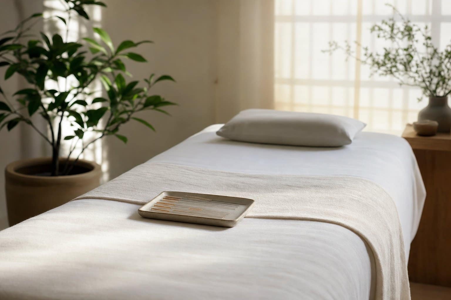 Acupuncture needles and a calm treatment table in a serene clinic room