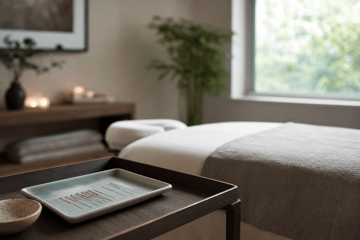 A calm treatment room with acupuncture needles on a tray beside a massage table