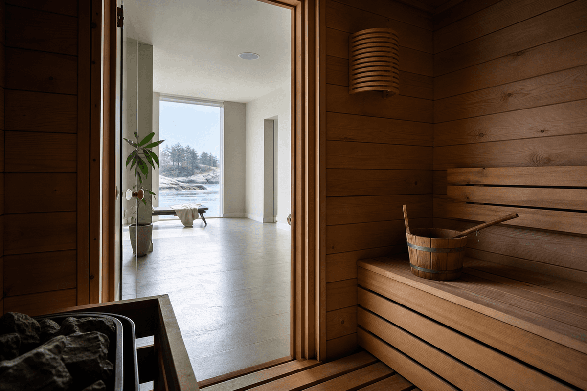 A sauna door standing open onto a bright cool room with daylight beyond