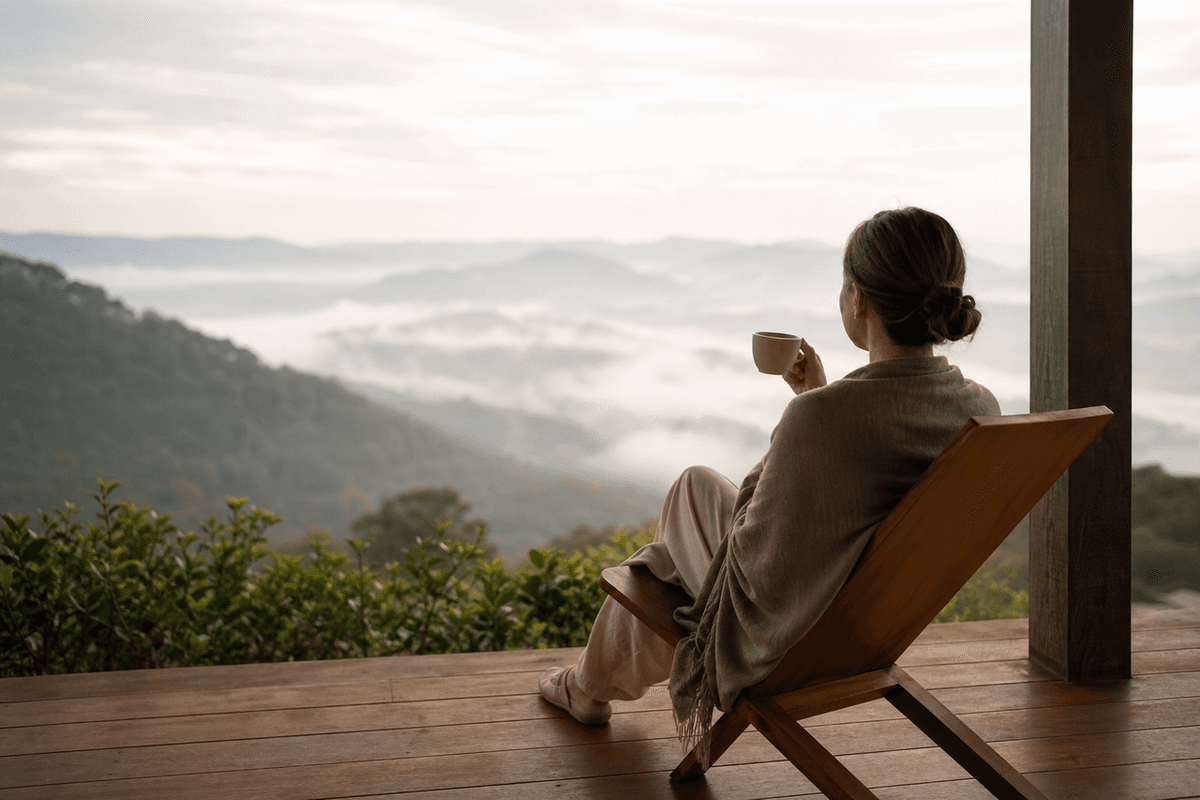 A person sitting quietly on a wooden deck at a retreat, morning coffee in hand, looking over misty hills