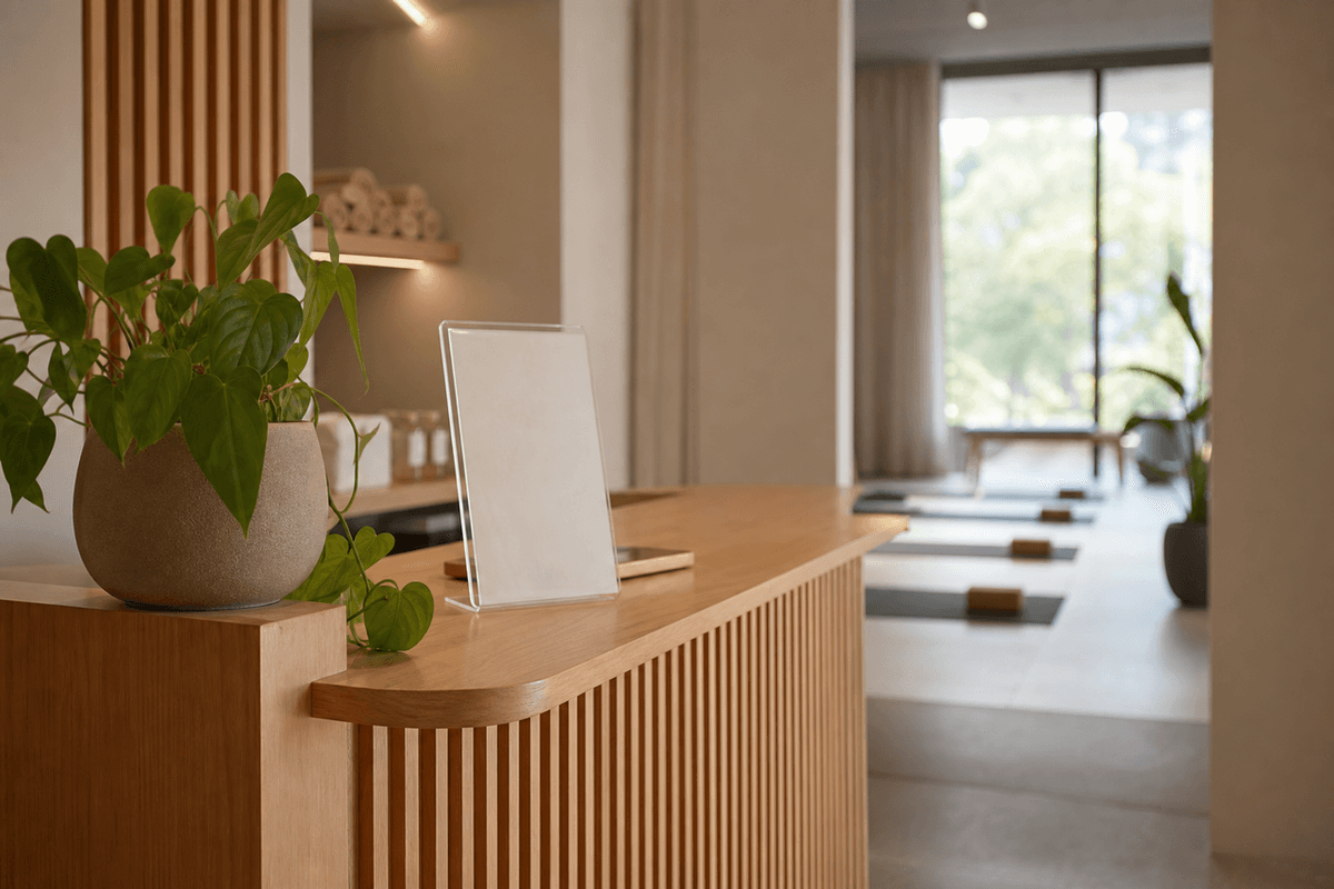 A reception desk at a calm wellness studio with a price card, a plant, and soft morning light