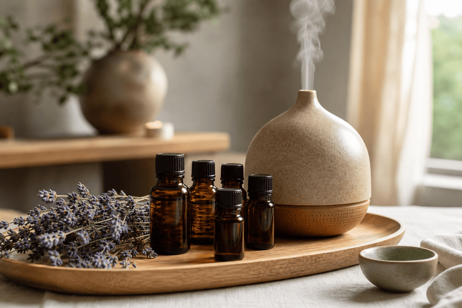 Small amber glass bottles of essential oils arranged on a wooden tray beside dried lavender and a ceramic diffuser in a calm, naturally lit wellness room