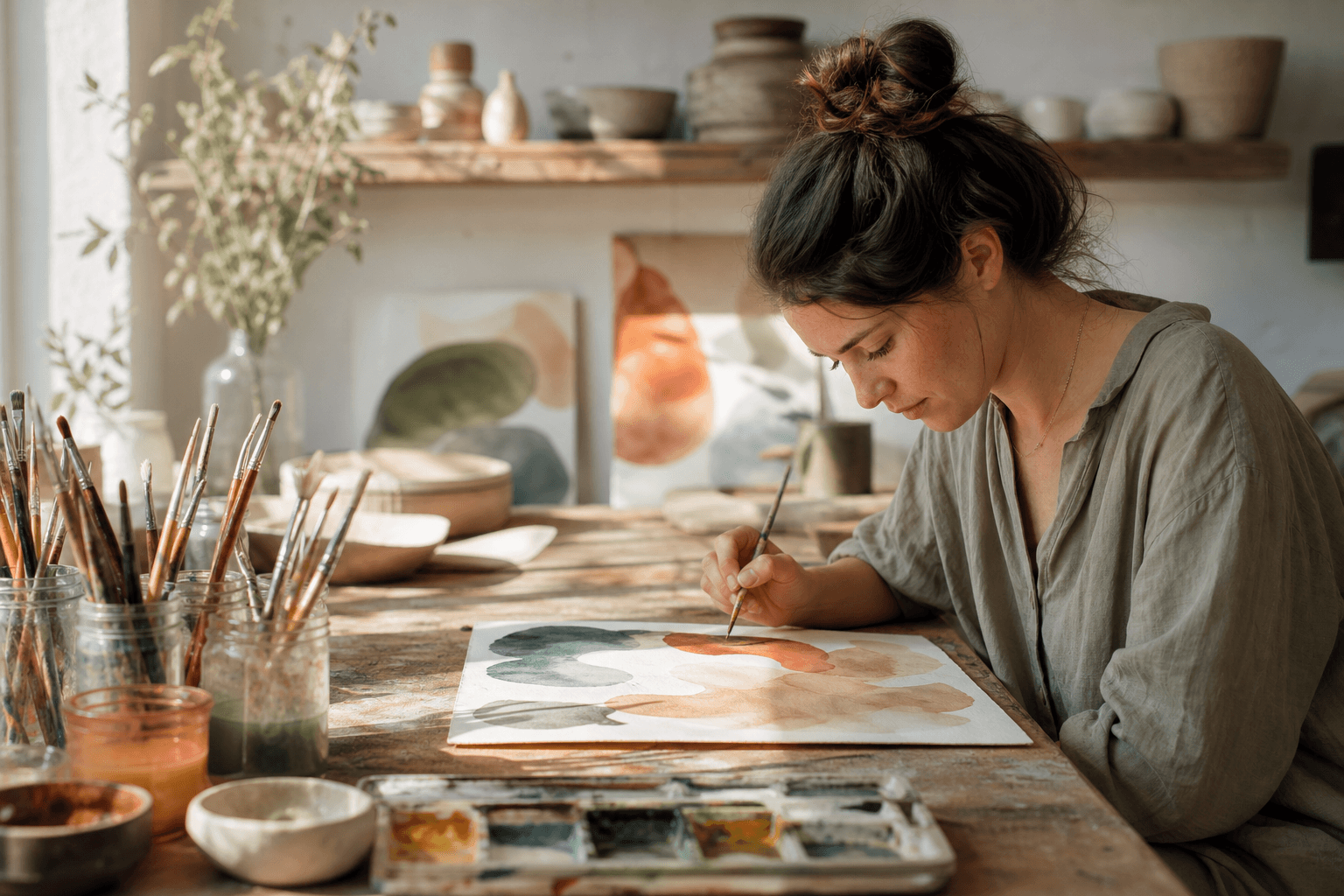 A person painting with watercolors at a wooden table in a sunlit studio, colorful abstract shapes on the page, brushes and jars of pigment arranged nearby, warm natural light, reflective and absorbed mood