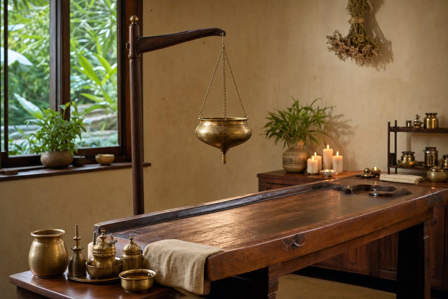 A serene Ayurvedic treatment room with warm oils, brass vessels, and soft light