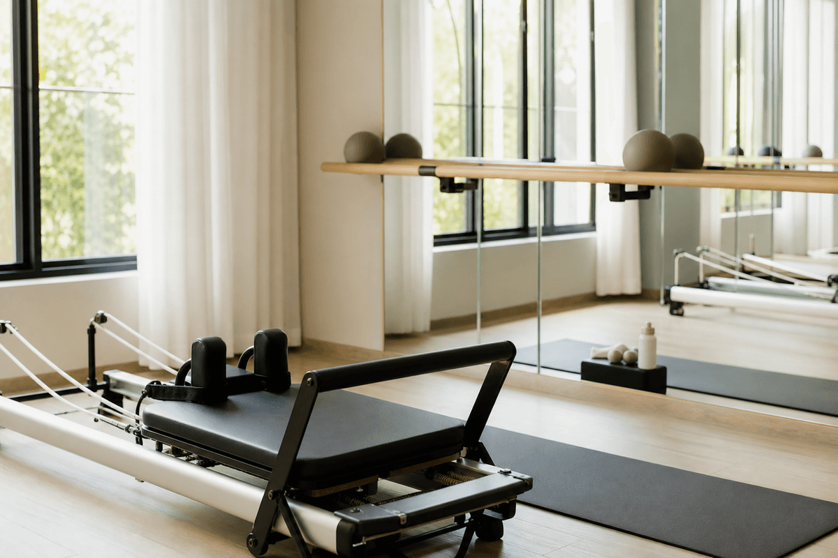 A studio with a Pilates reformer machine on one side and a ballet barre along the mirrored wall