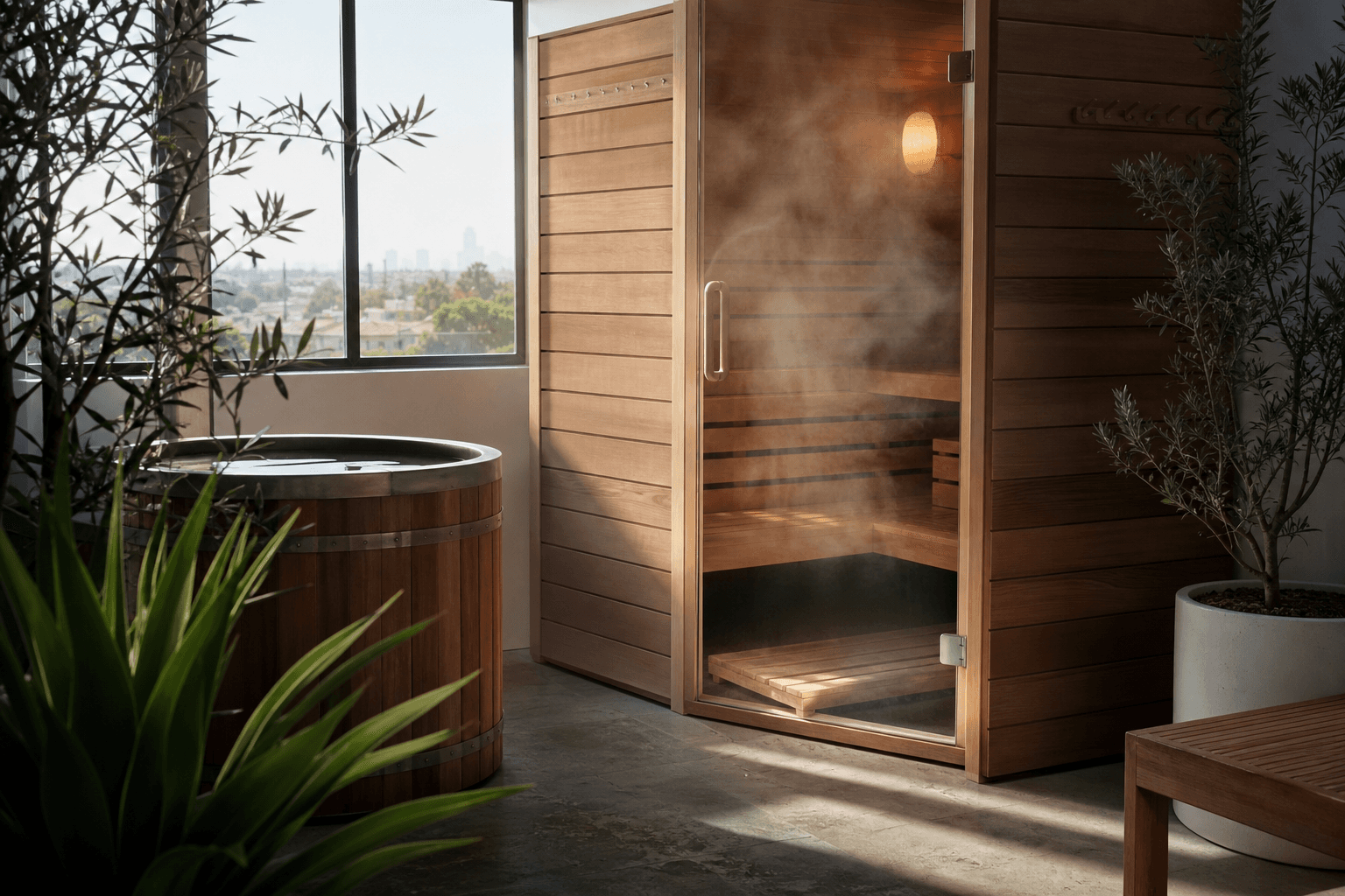 Steam rising off a cedar sauna next to a cold plunge tub at a calm Los Angeles wellness studio in morning light