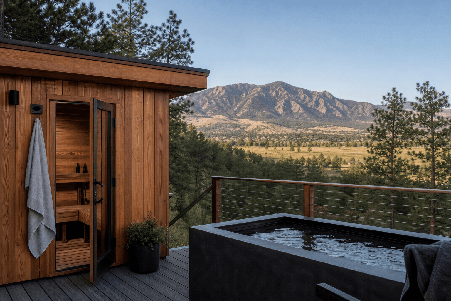 A cedar sauna and cold plunge on a sunlit deck with the Front Range foothills in the background near Boulder