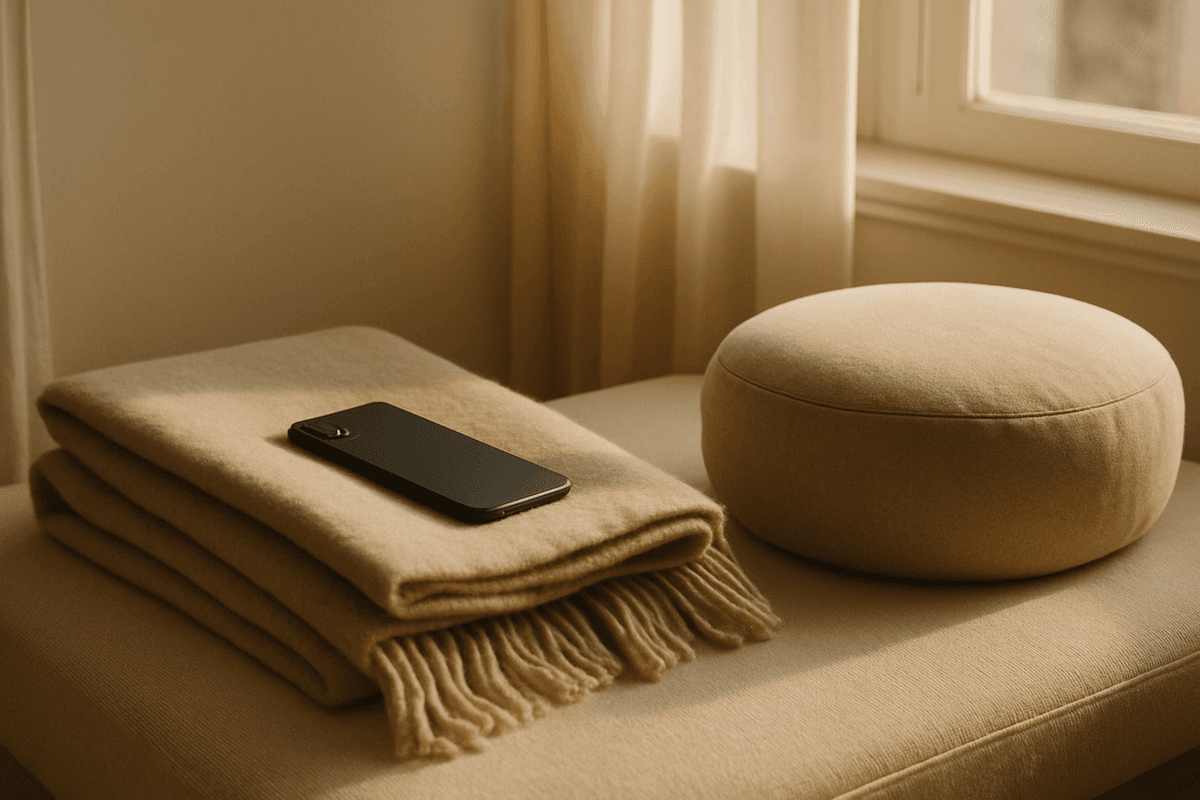 A phone resting on a folded blanket beside a cushion in soft morning light