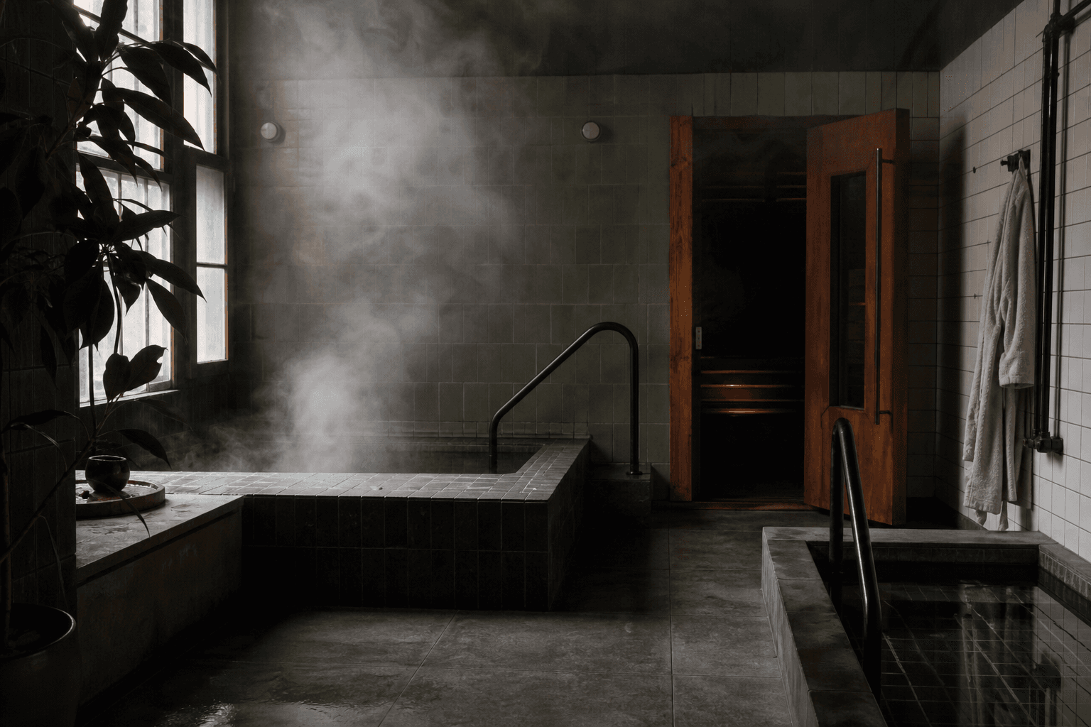 Steam drifting through a dimly lit tiled bathhouse with a wooden sauna door and a cold plunge in New York