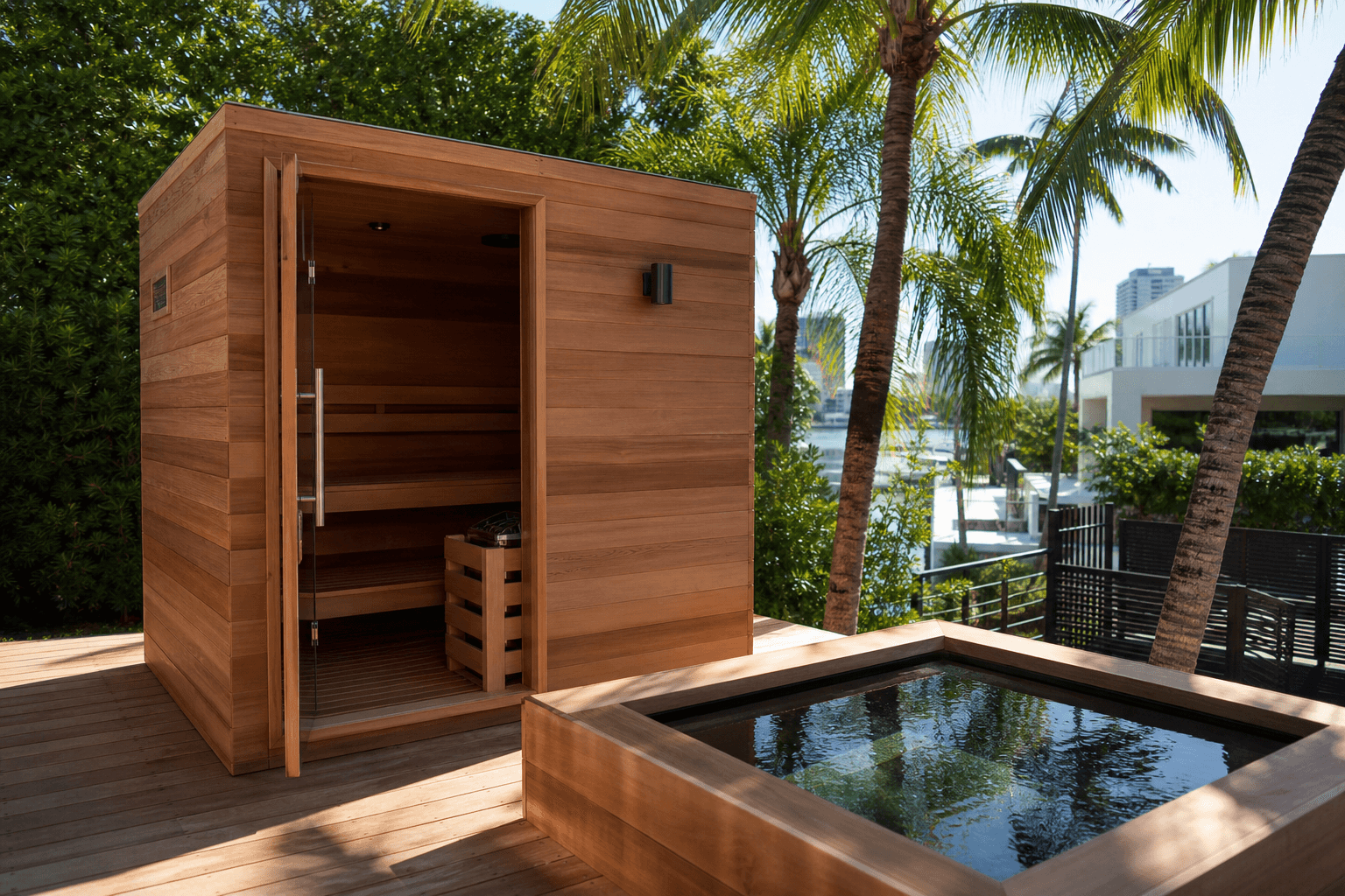 A cedar sauna and a cold plunge on a sunlit deck with palm trees and bright Miami daylight