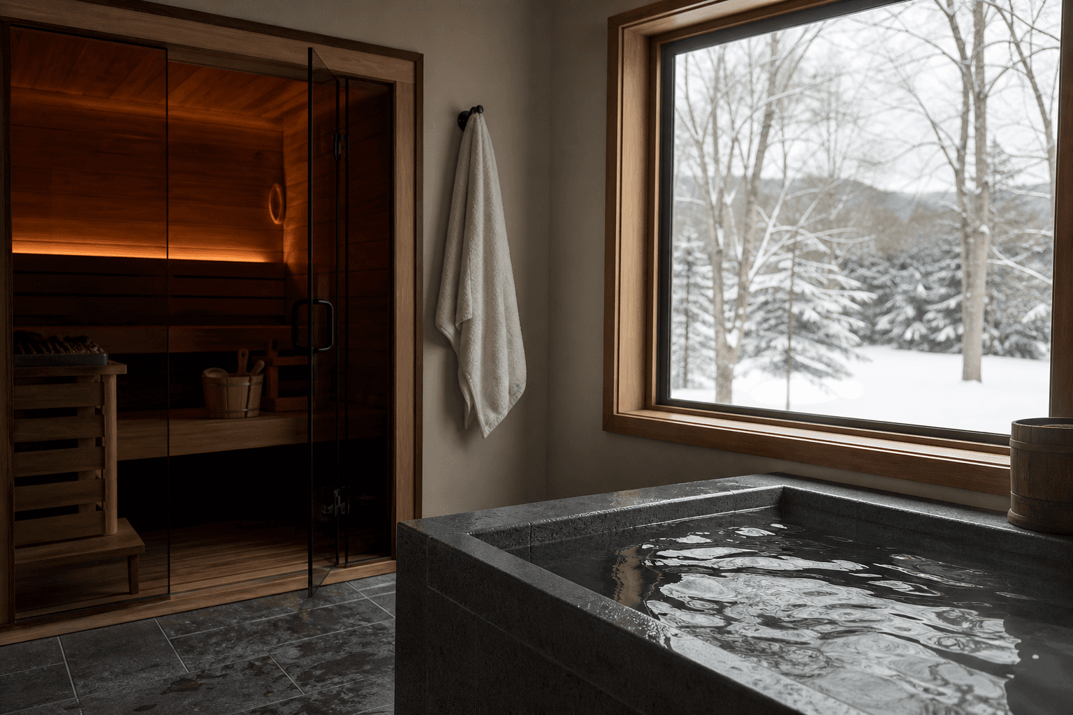 A warm wood-lined sauna next to a cold plunge tub in a calm studio with soft natural light, New England winter visible through a window
