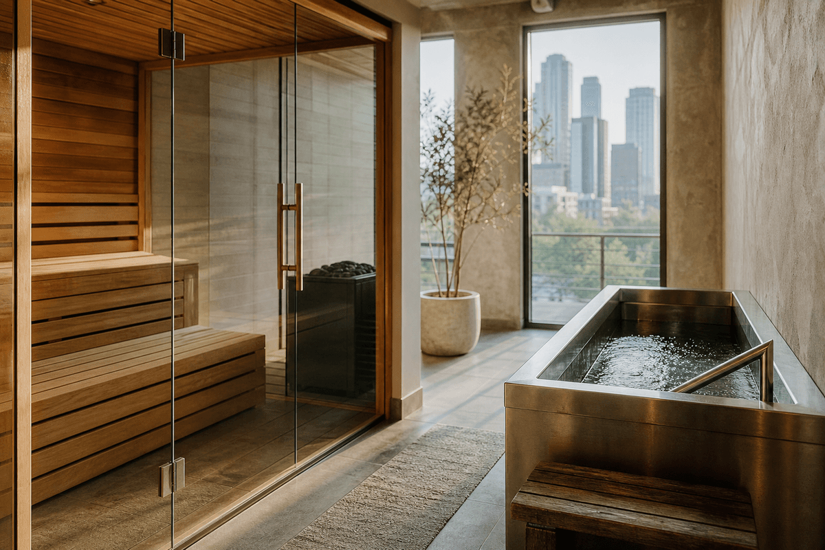 A glass-fronted cedar sauna and a stainless steel cold plunge tub in a bright city studio, towers through the window