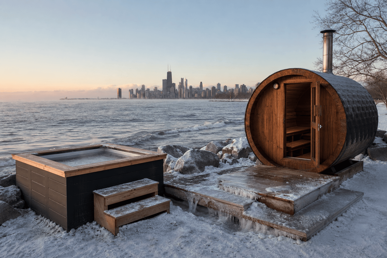 A wood-fired sauna and a cold plunge by a frosty lakefront in soft winter light in Chicago