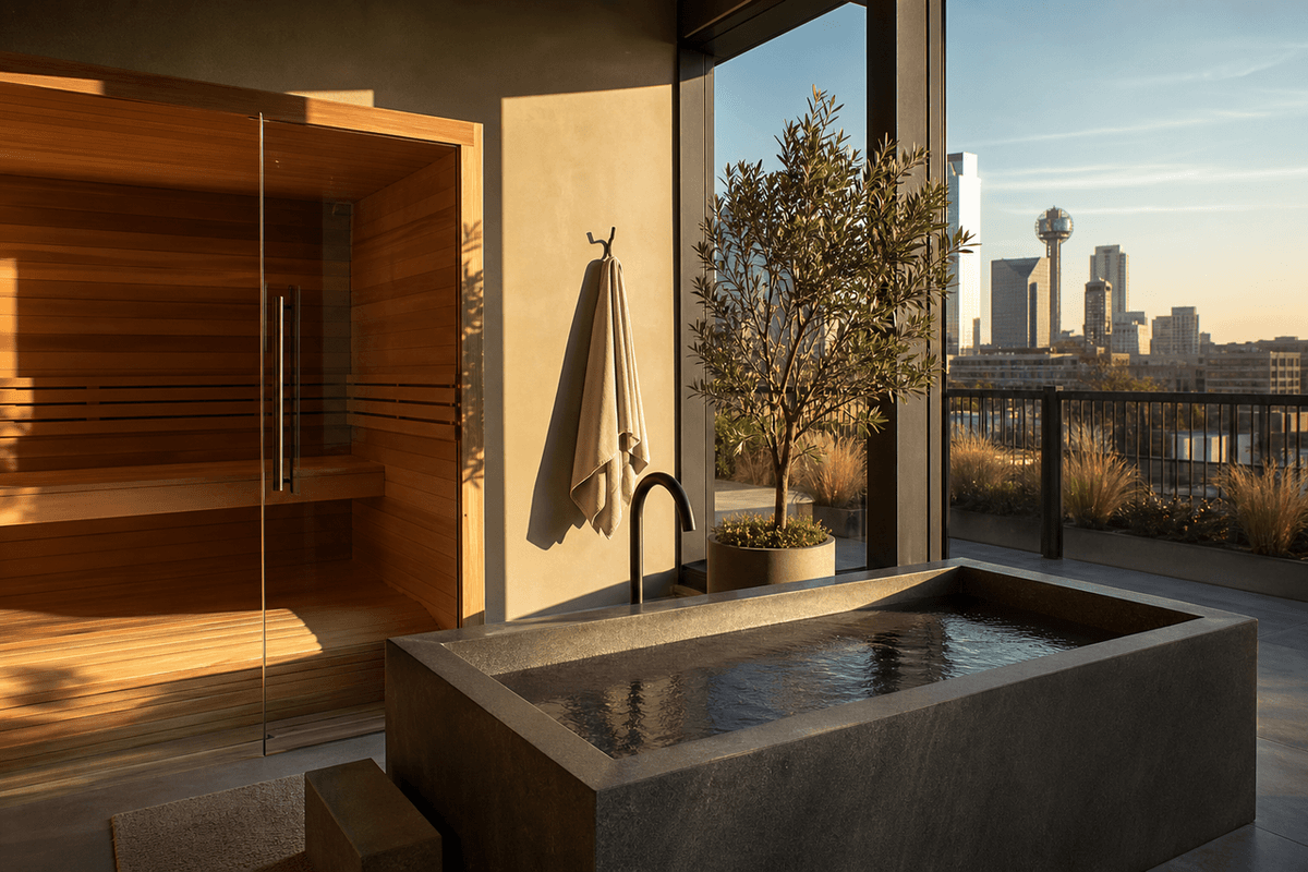A modern Dallas recovery studio with a cedar sauna and cold plunge tub, warm evening light