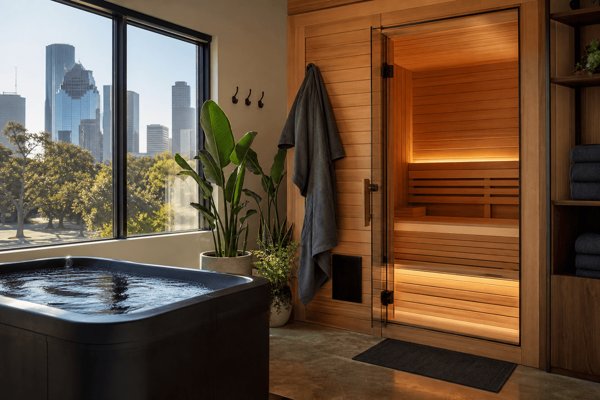 A modern Houston recovery studio with a cedar sauna and a cold plunge tub, warm afternoon light