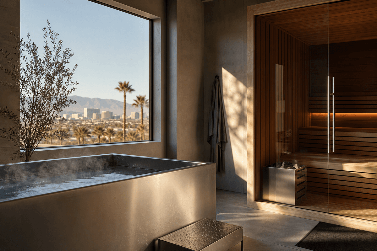 A cold plunge tub and sauna in a calm modern Las Vegas recovery studio, desert light through the window
