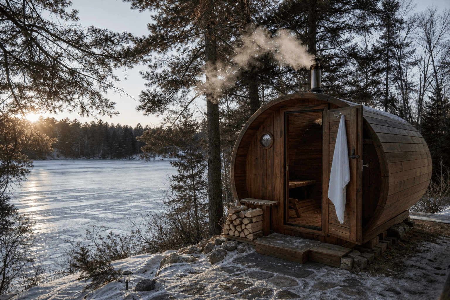 A wood-fired sauna beside a frozen lake in Minnesota winter, steam rising against snow and evergreens