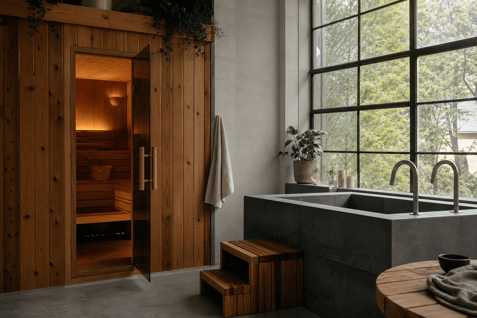 A warm wood sauna next to a cold plunge tub in a modern studio with soft light, calm and inviting