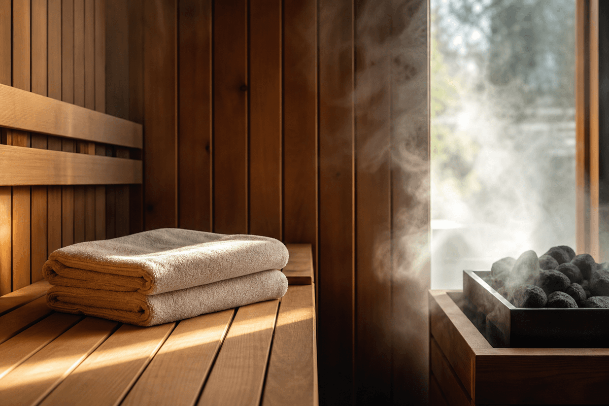 Steam rising in a wood-lined sauna with soft light, towels folded on a cedar bench