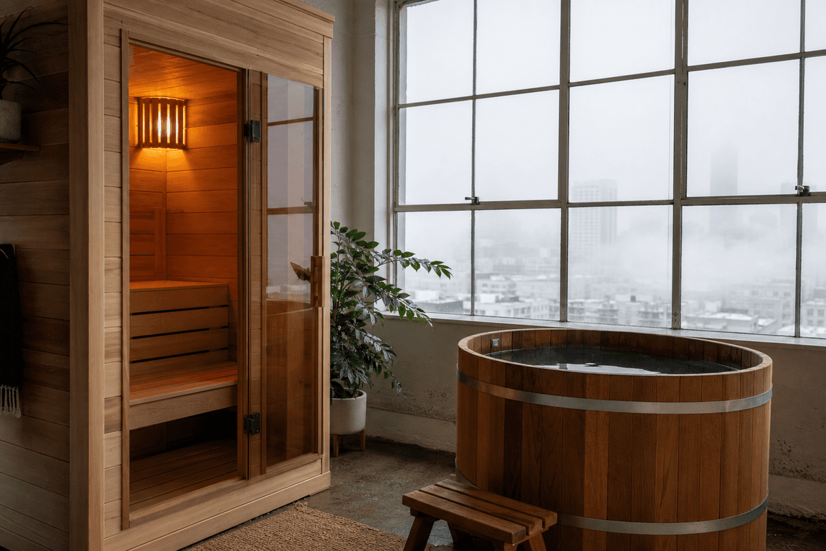 A cedar sauna and cold plunge tub in a light-filled San Francisco studio with fog visible through the window