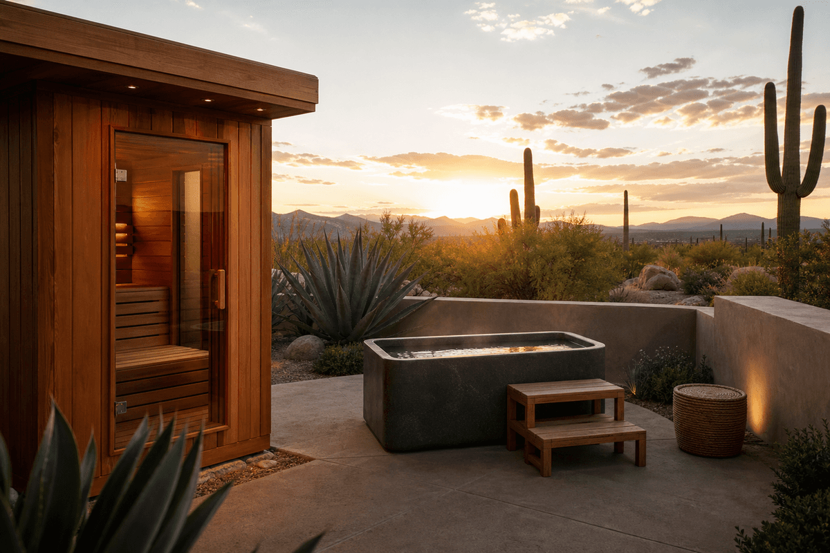 A cedar sauna and cold plunge on a desert resort patio at golden hour with saguaro silhouettes